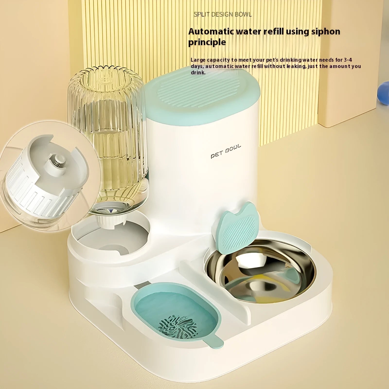 Automatic cat feeding and water fountain station with integrated double bowl in avocado green