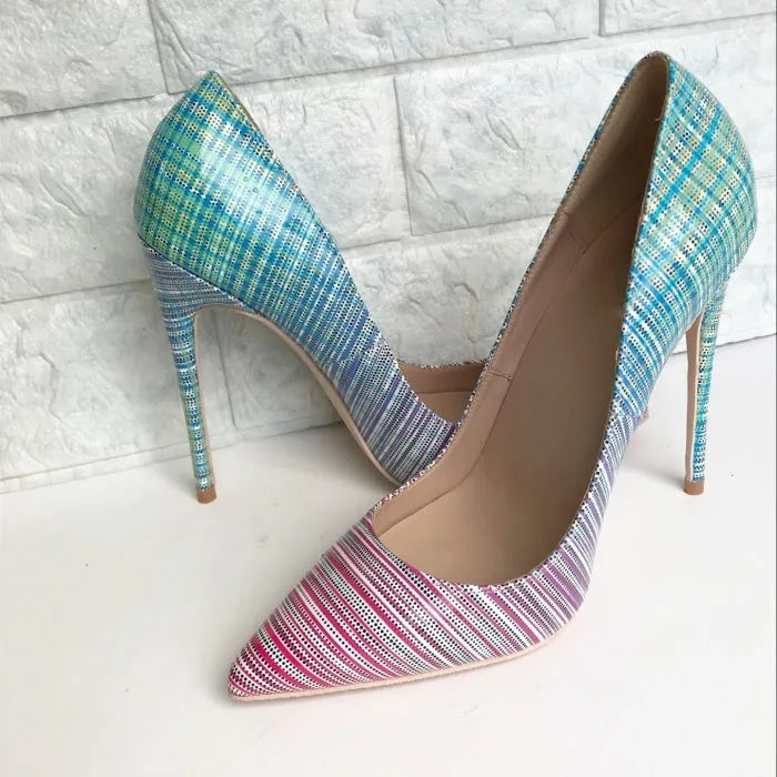 Women's pink to blue gradient patent leather pointed-toe high heels with a high stiletto heel on a rubber sole.