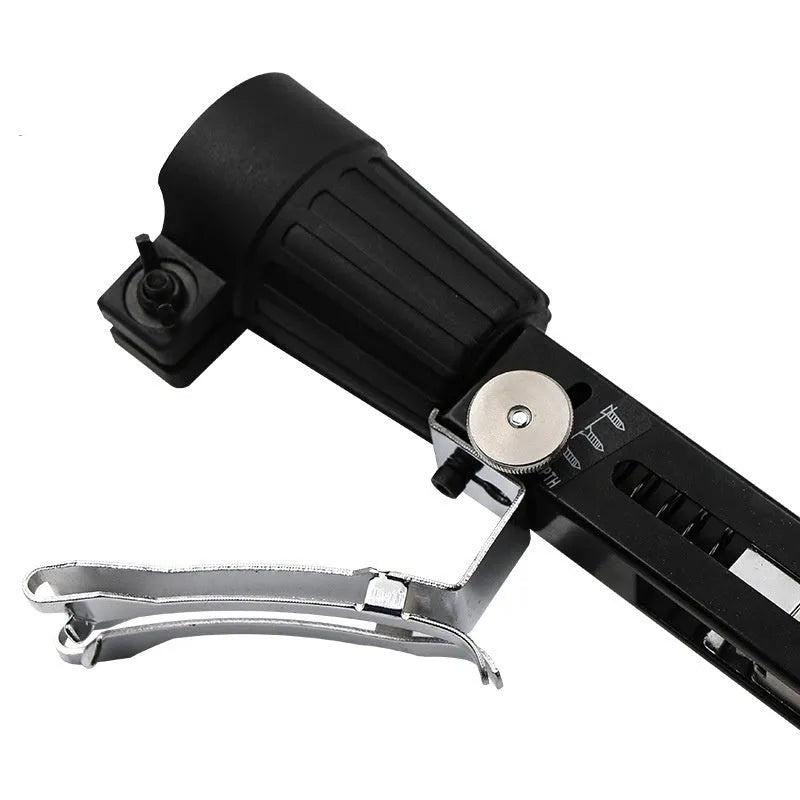 Chain screw gun head automatic nail gun attachment with chain band and cross head on a gun rack.