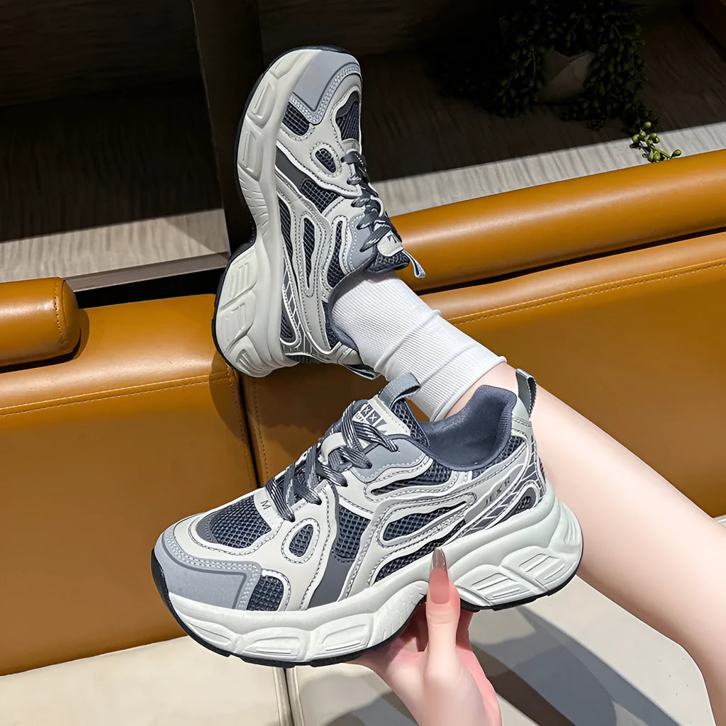 Women's casual breathable mesh board shoes in gray with thick rubber sole and front lace-up