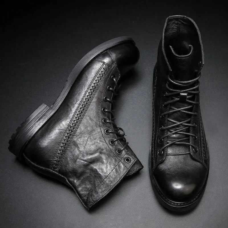 British style brush colour worker boot in brown with low heel, front lace-up, round toe, and artificial PU upper
