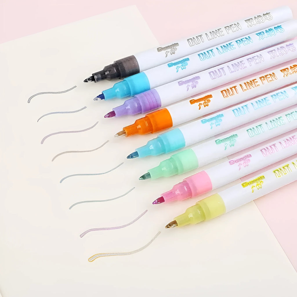 Set of highlighter pens with 1-2mm tips and water-based ink in various colours for student and office use.