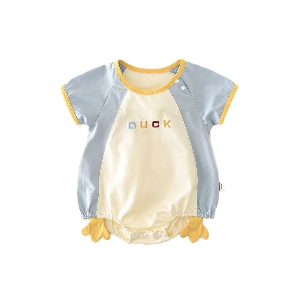 Newborn contrast colour short-sleeved romper triangle jumpsuit cotton blend beige and blue duck