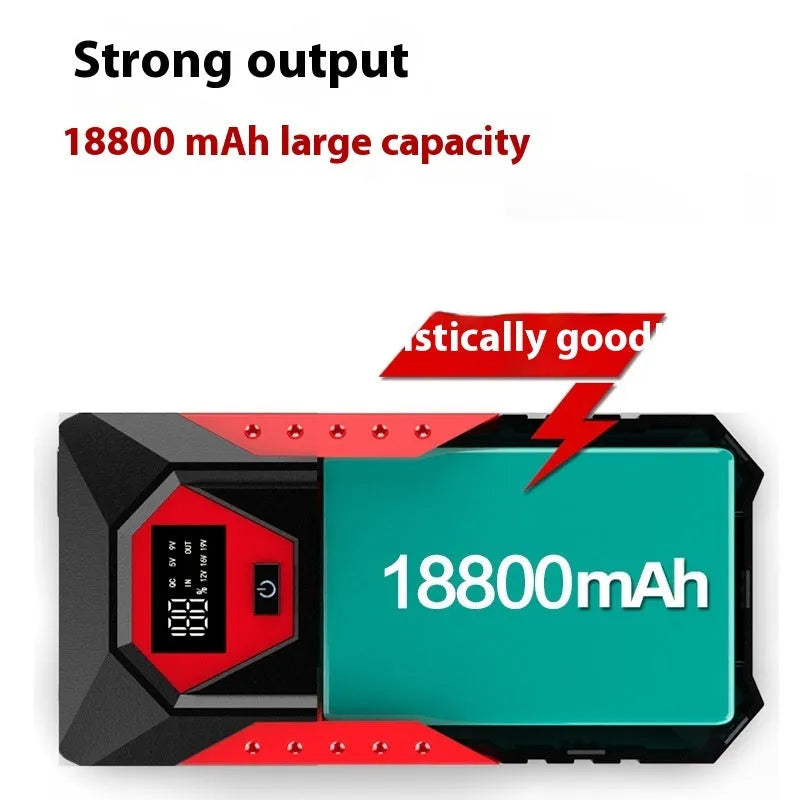 Red 12V car jump starter power bank with battery clamps and 18800mAh capacity