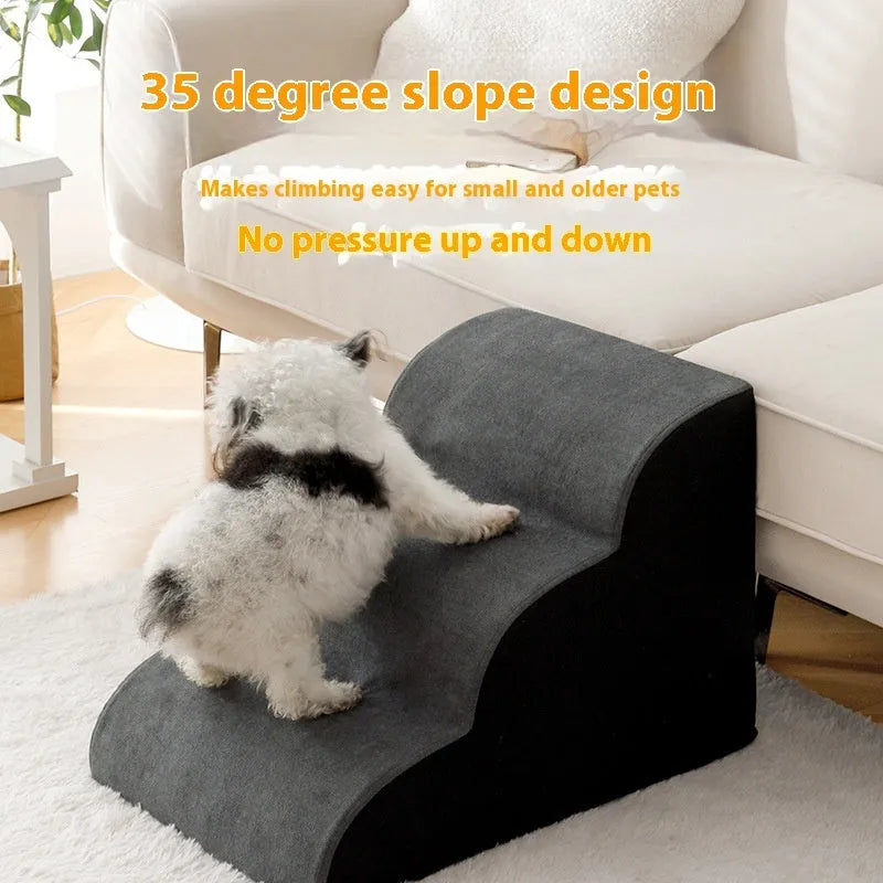 Wooden dog stairs with removable fabric cover in brown colour