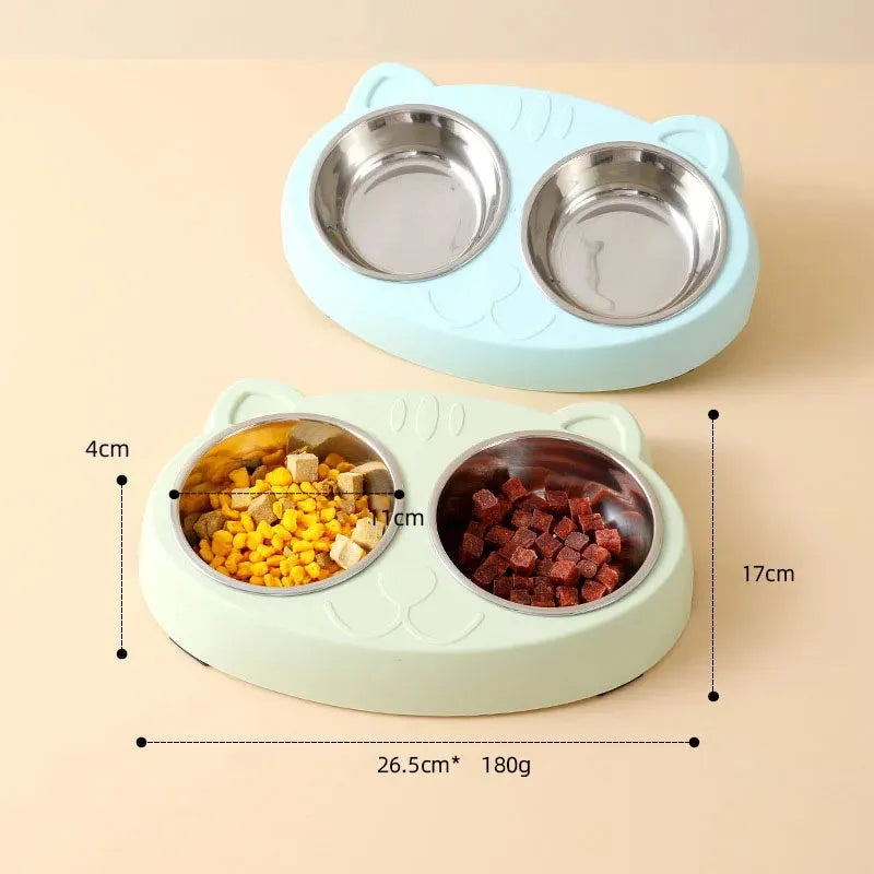 Blue plastic double-bowl pet food and water feeder tray with non-skid base.