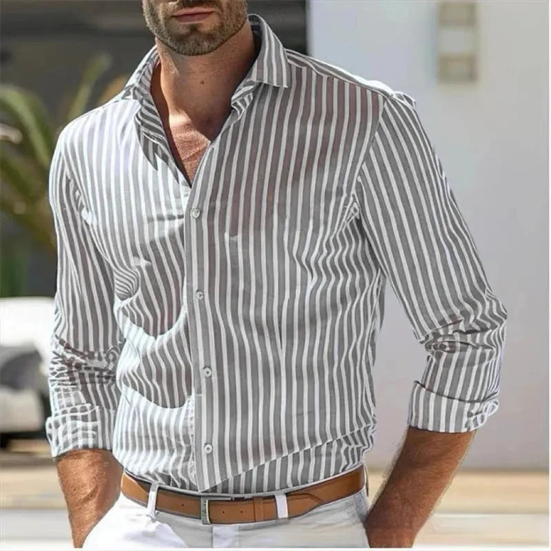 Men's slim striped long sleeve polyester shirt in blue, front view, for youth business commute wear