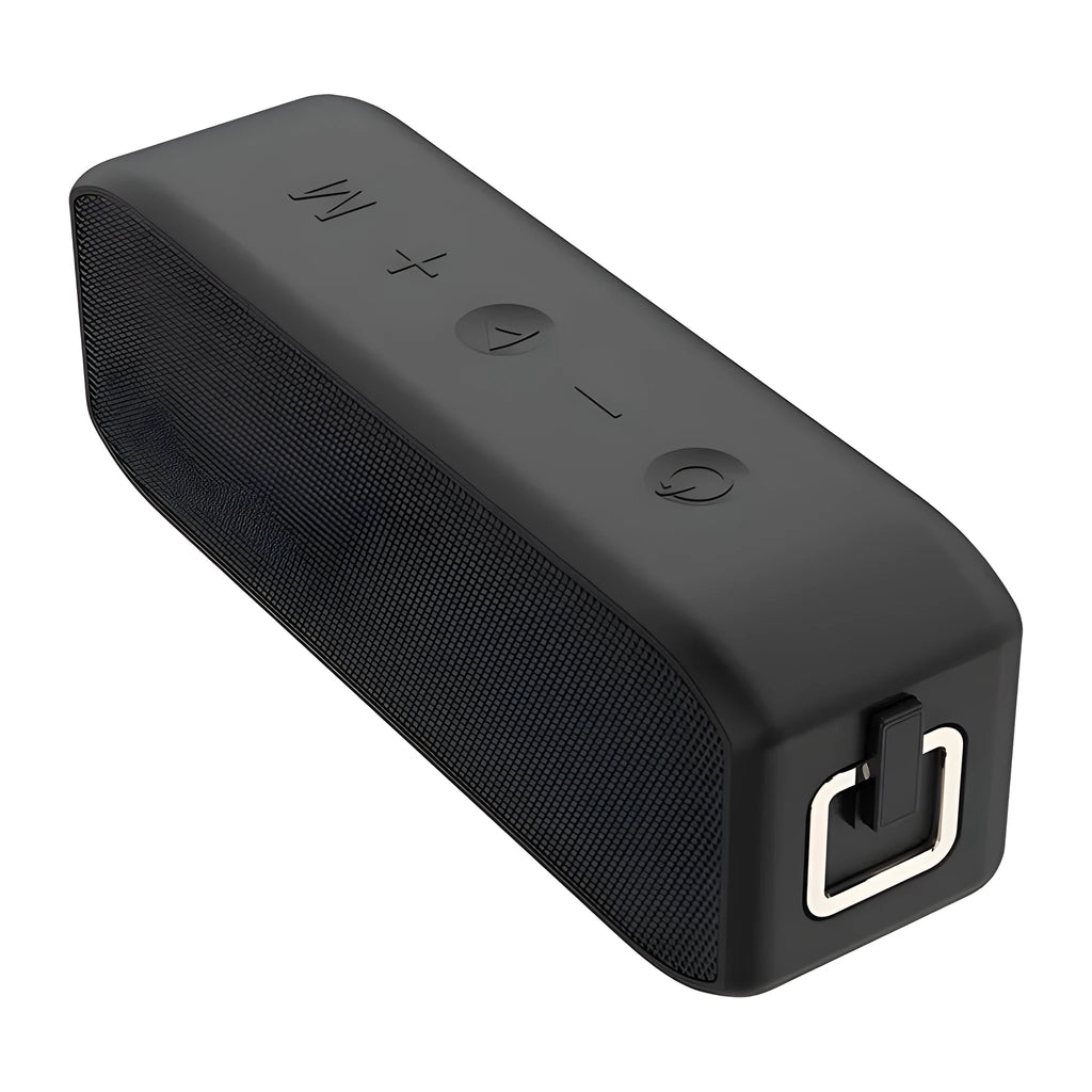 Black waterproof wireless Bluetooth speaker with 20W output and 12-hour battery