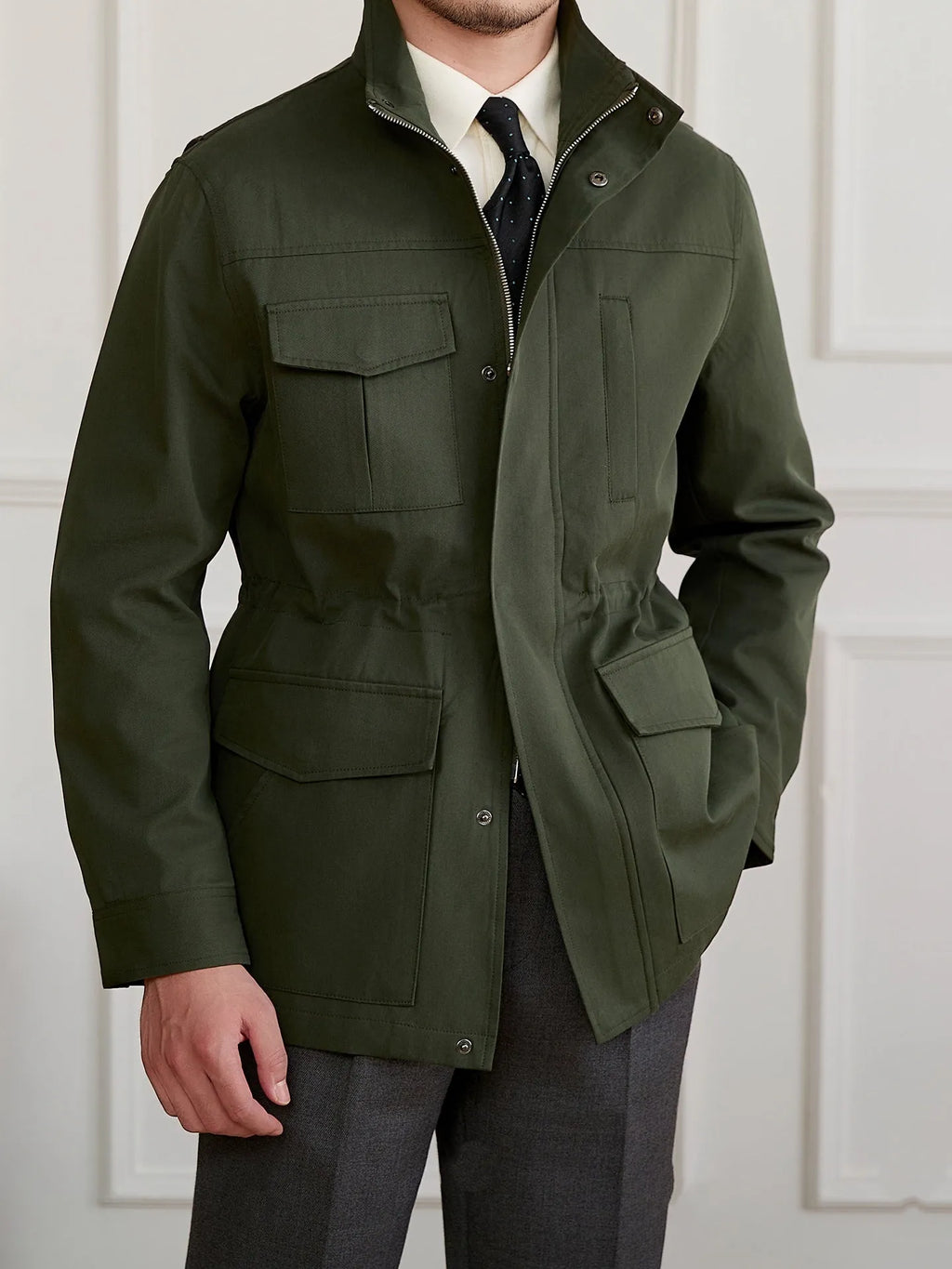 Men's stand collar casual jacket in army green with zipper and waist trimming, cotton lyocell blend