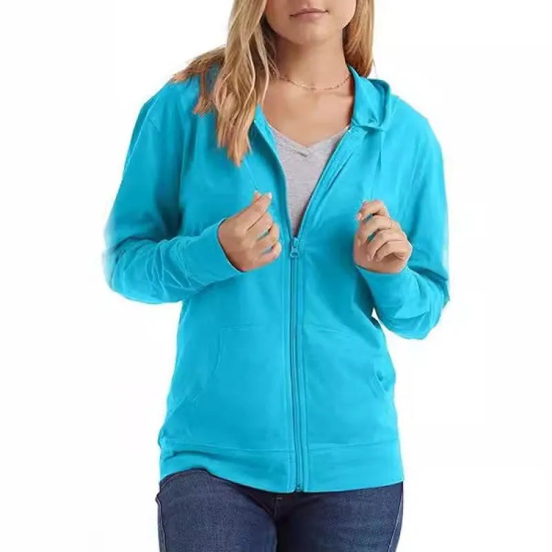A loose-fit solid colour hoodie sports top shown on a hanger, available in black, white, grey, dark blue, sky blue and dark pink.