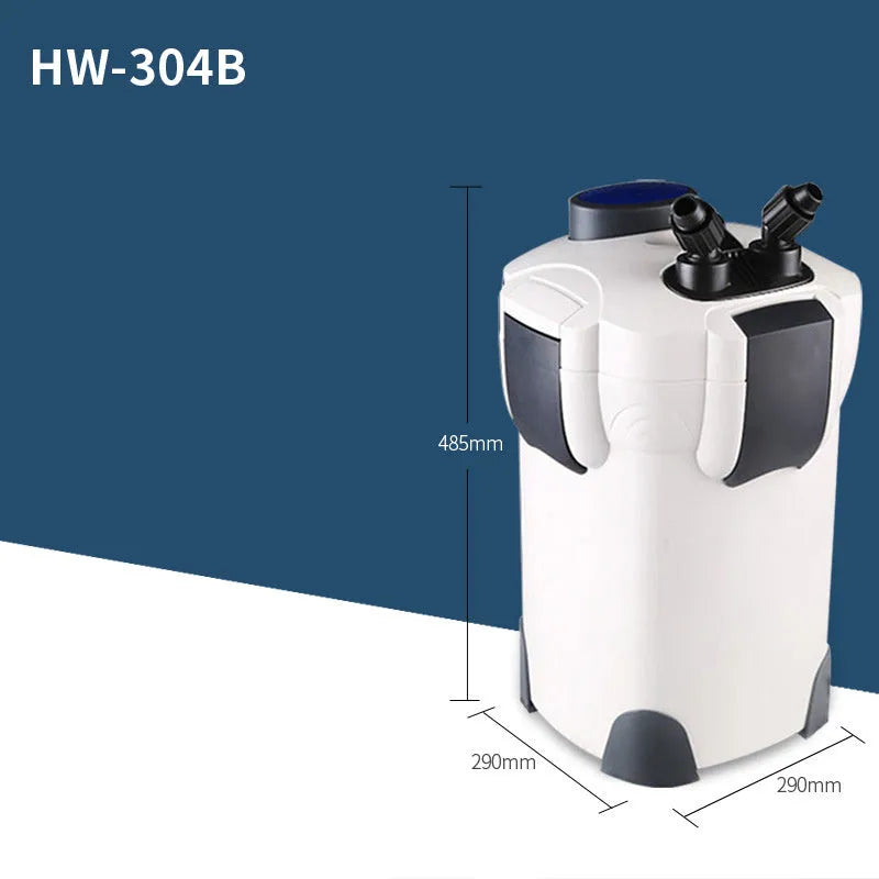 HW-304B external canister filter with UV lamp for aquarium water purification, black plastic and metal construction