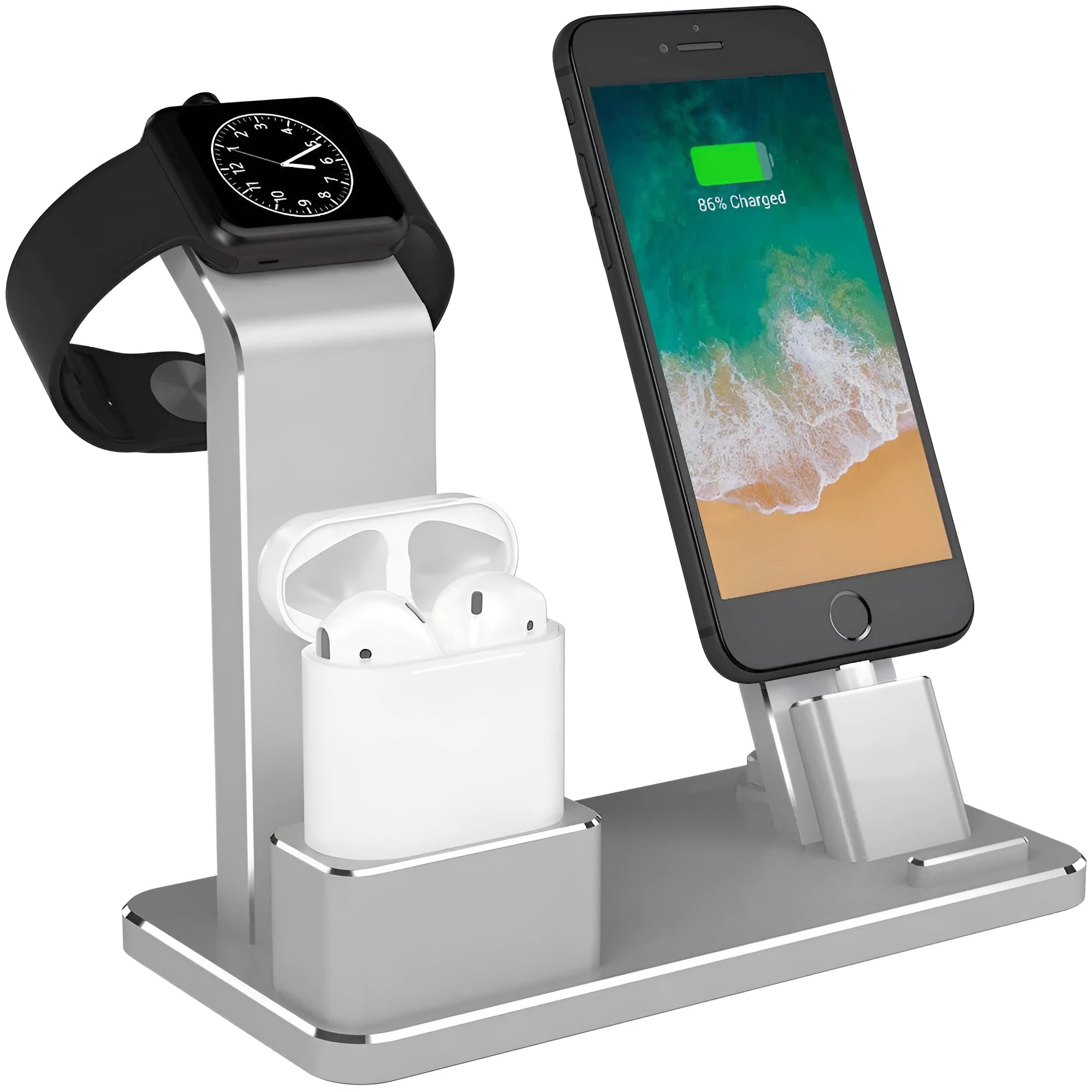 Three-in-one aluminium alloy charging bracket for Apple Watch iPhone AirPods on desk with non-slip base
