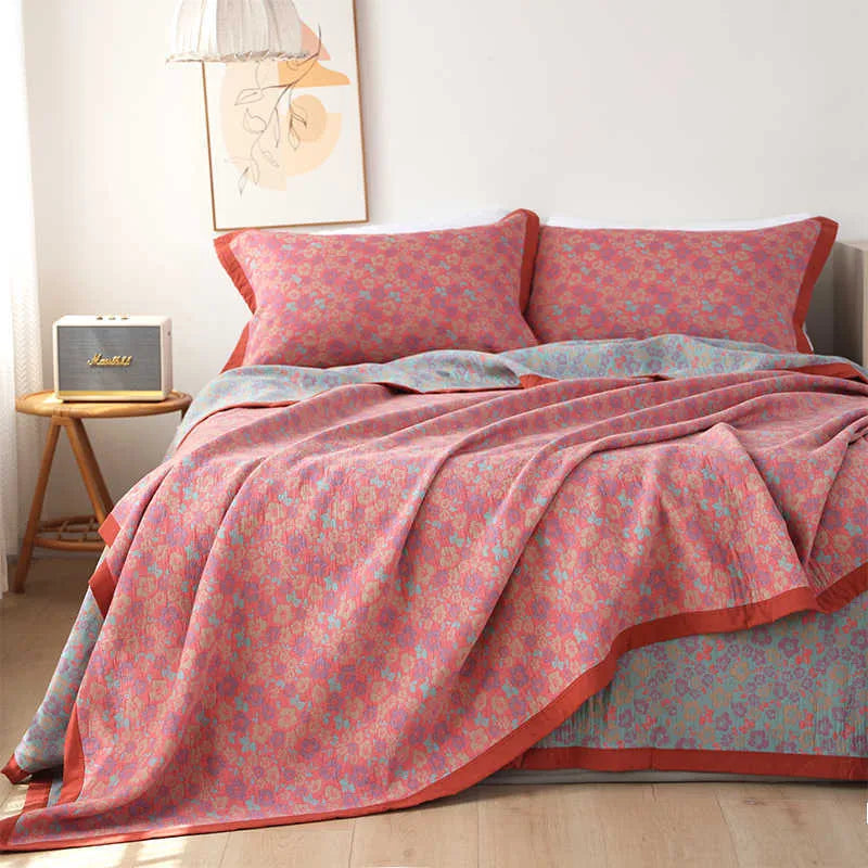 Cotton gauze bed blanket three-piece set with floral pattern and matching pillowcases