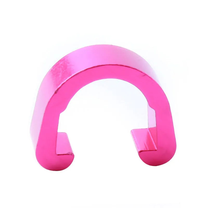 Ten small aluminium alloy C-shaped buckles in assorted colours on a white background.