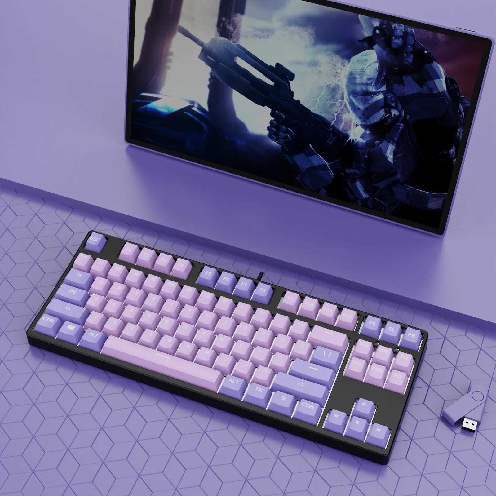 87-key hot-swappable mechanical keyboard with dual-colour backlighting and metal construction.