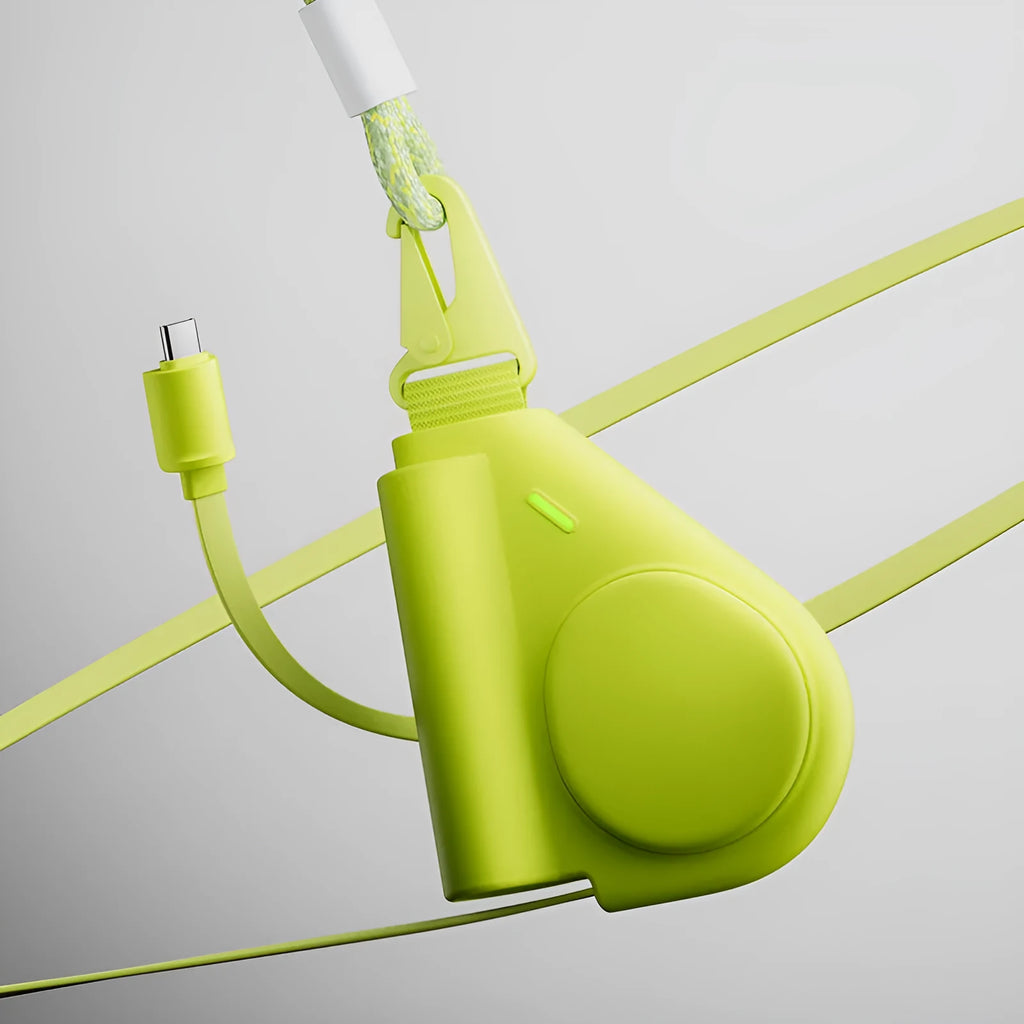 Green power bank with flexible wire and Type-C interface showing 5000 MA capacity