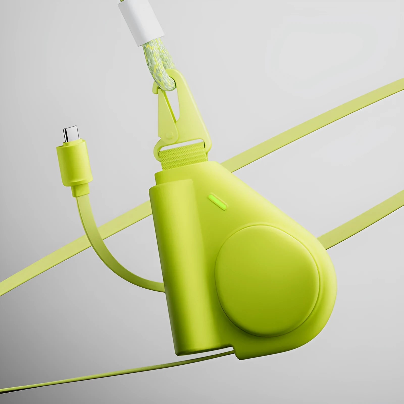 Green power bank with flexible wire and Type-C interface showing 5000 MA capacity