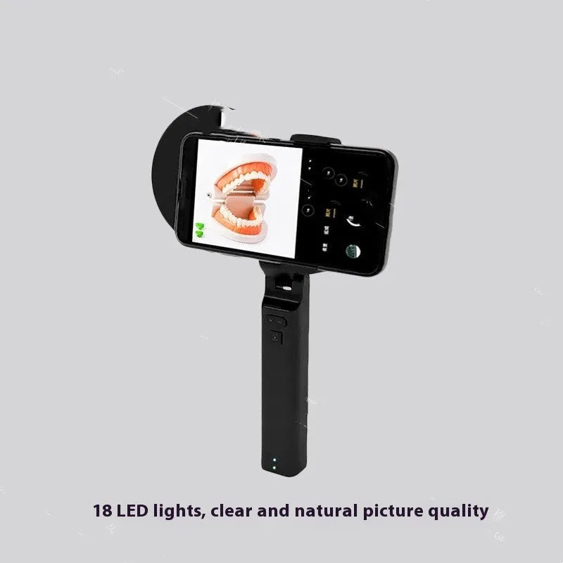 Black handheld LED fill light for mobile phone photography with adjustable brightness control