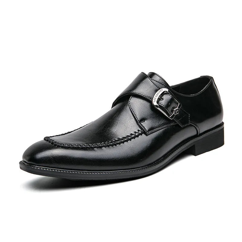 Men's square toe buckle casual leather shoes in black with stitched details and flat rubber sole