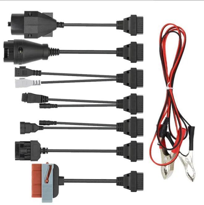 Eight TCS diagnostic car cables including PSA, Audi, BENZ, BMW, Opel, Fiat connectors and power cable on white background