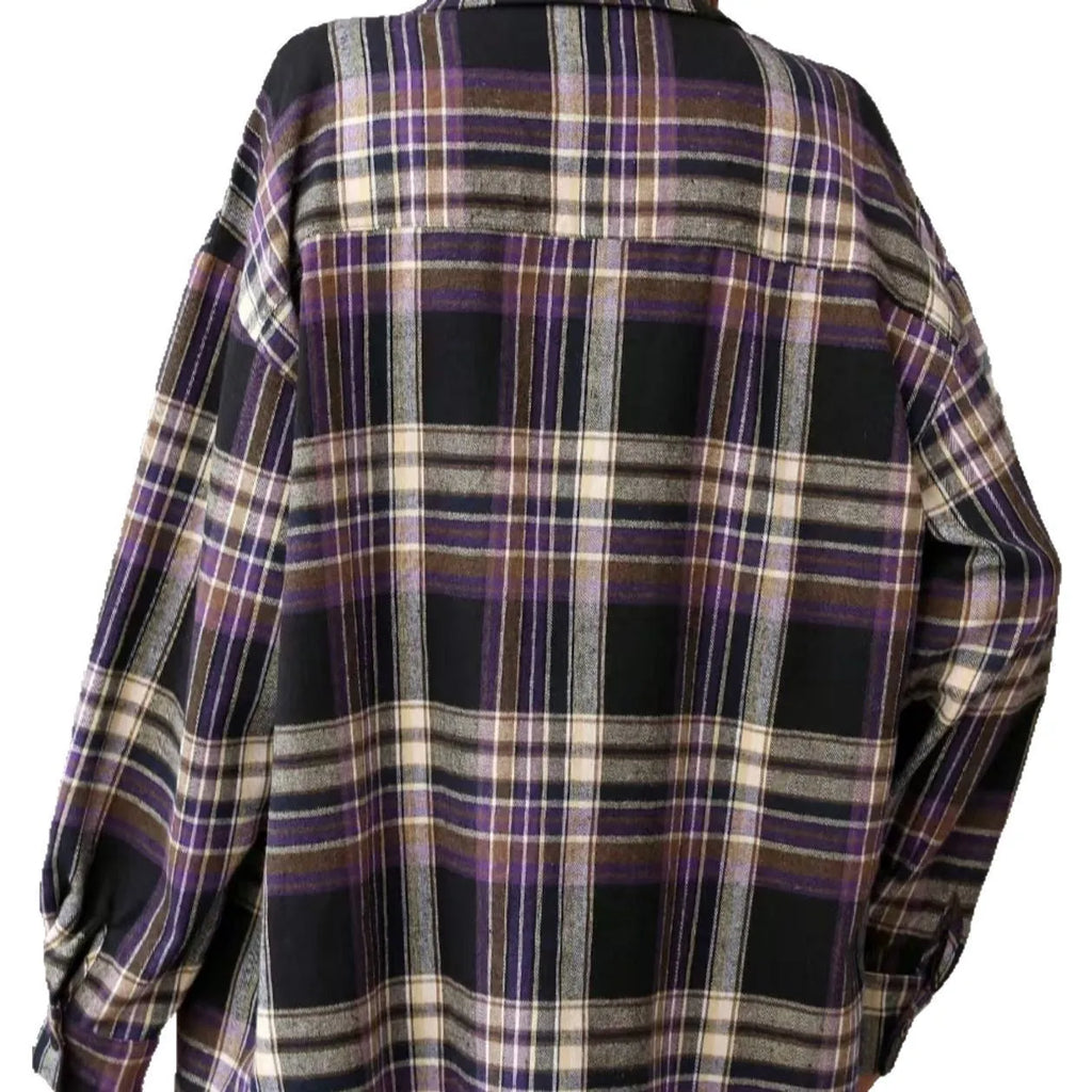 Women's loose fit cotton plaid shirt in black, green, or purple, long sleeve casual top