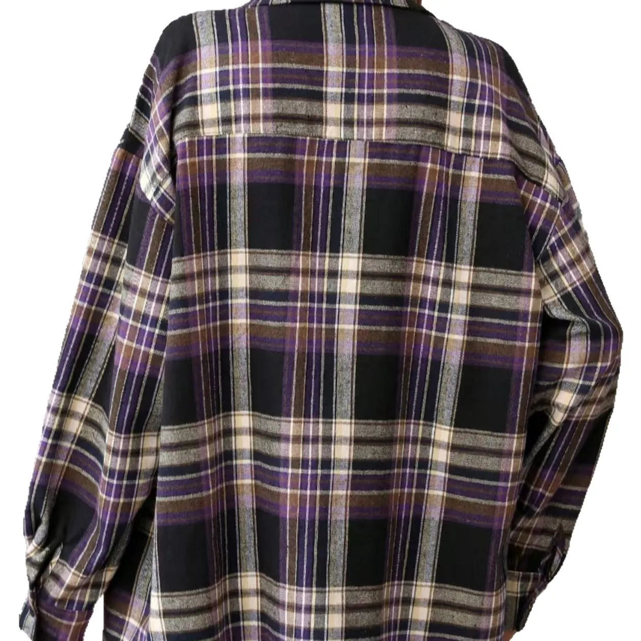 Women's loose fit cotton plaid shirt in black, green, or purple, long sleeve casual top