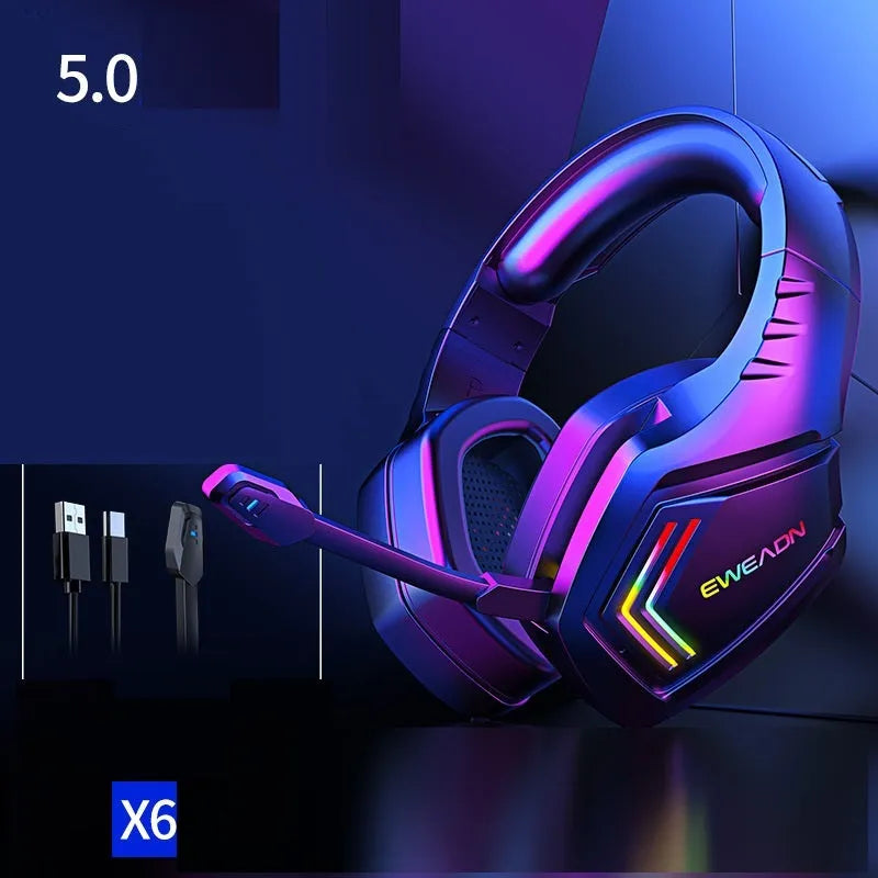 Black RGB wireless Bluetooth noise reduction headset showing headworn design and earpieces