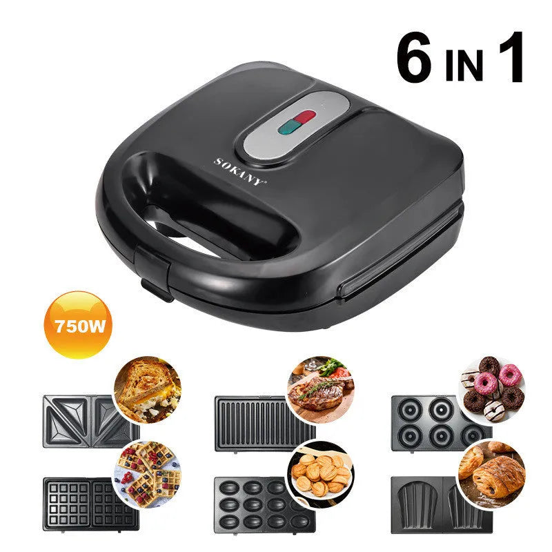 Black electric sandwich pan with brushed stainless steel lid and six non-stick cooking plates on a kitchen counter.