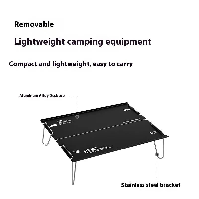 Outdoor 05 Series aluminium alloy folding table shown folded and unfolded in black and grey colours.