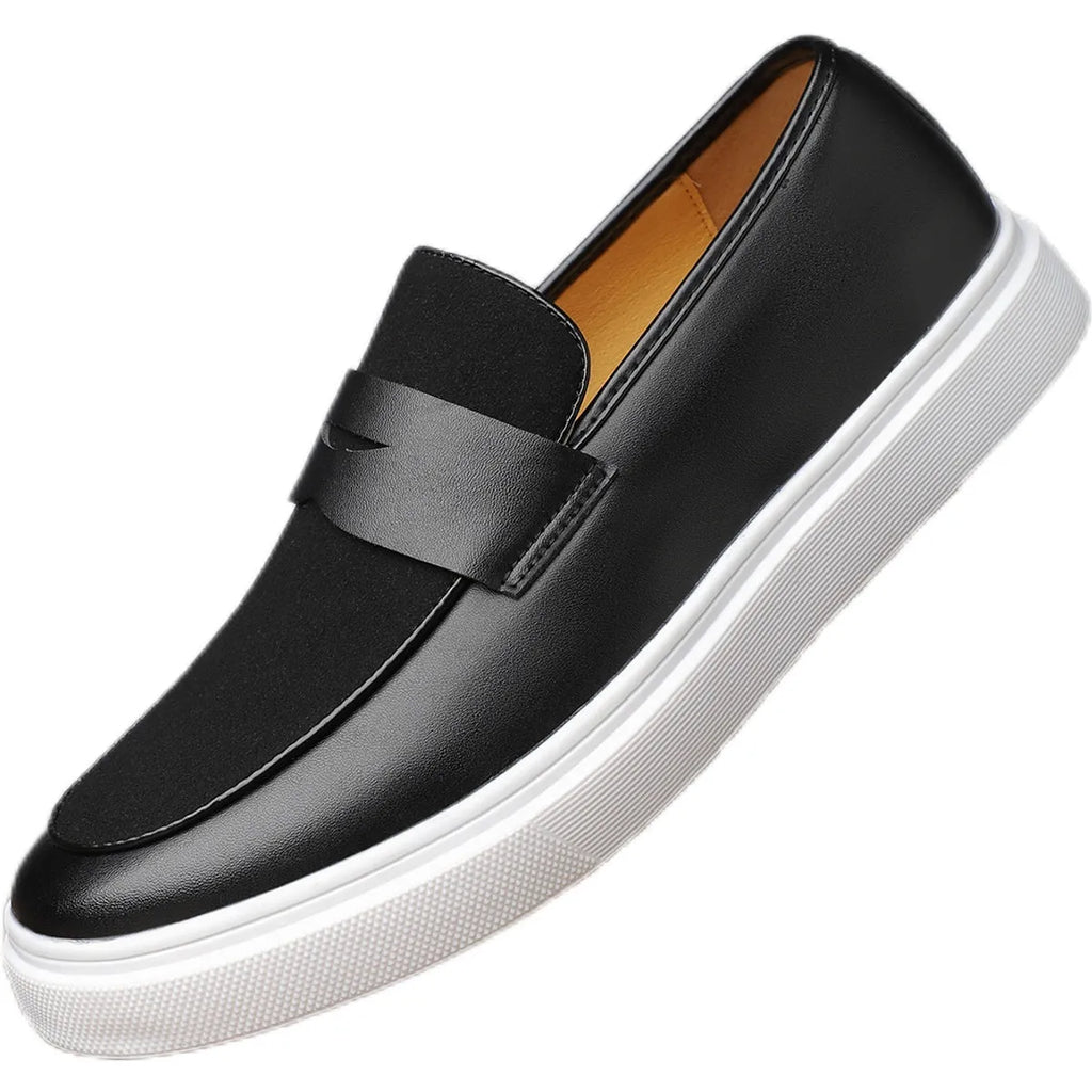 Men's black slip-on casual shoes with tassel detail and round toe