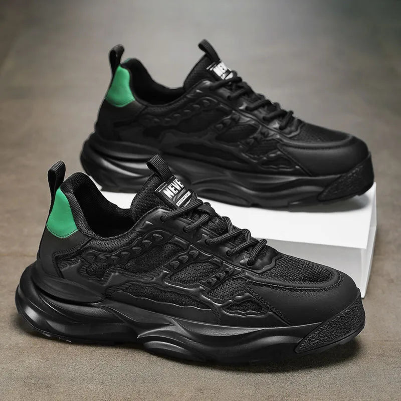 Men's white and black breathable mesh shoes with round toe design and PU construction