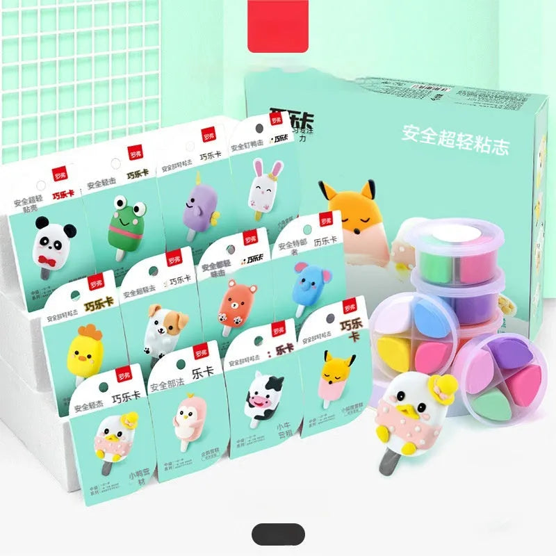 Ultra-light clay children's handmade plasticene set with 18 theme boxes in a colour box, featuring dessert house and animal themes