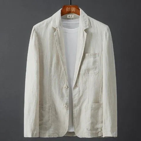 Men's slim fit linen suit jacket in solid colour with nine-point sleeves and mid-length cut