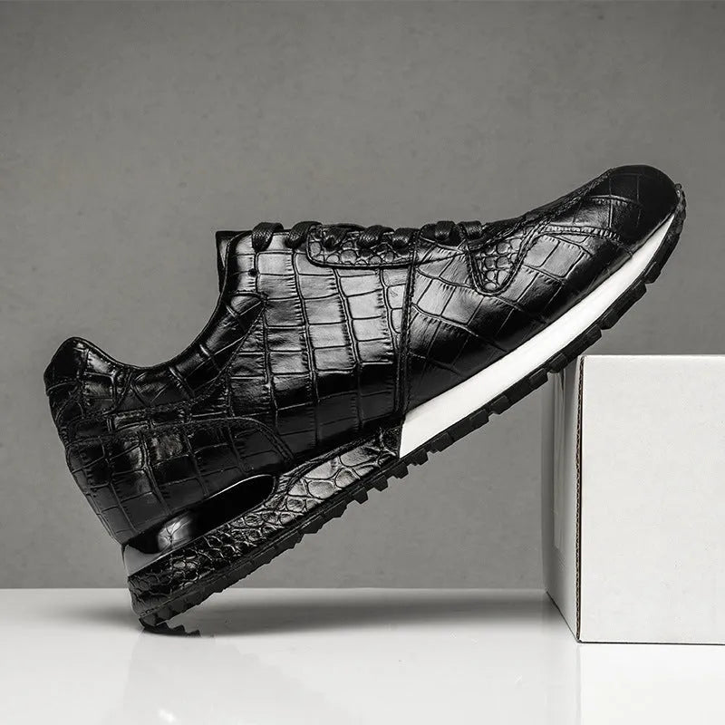Crocodile pattern light luxury mid top elevated leather shoes with wedge heel in black