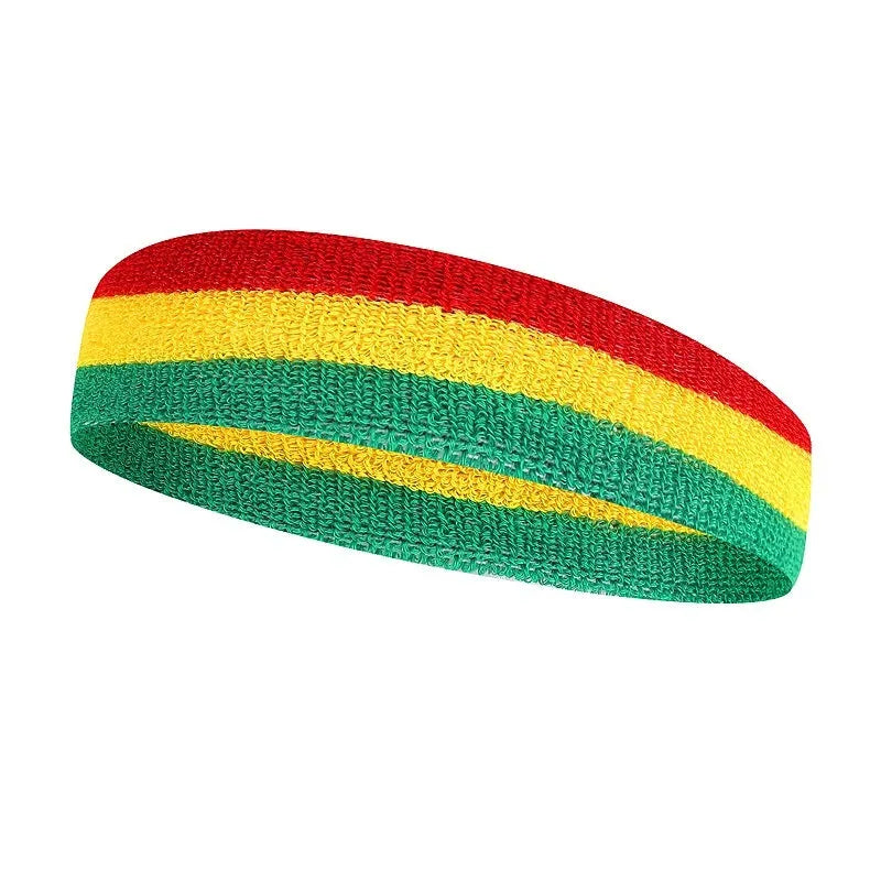 Multicolour sports headband for adults, shown in Red Yellow Blue, dimensions 5.5cm by 20cm.