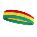 Multicolour sports headband for adults, shown in Red Yellow Blue, dimensions 5.5cm by 20cm.