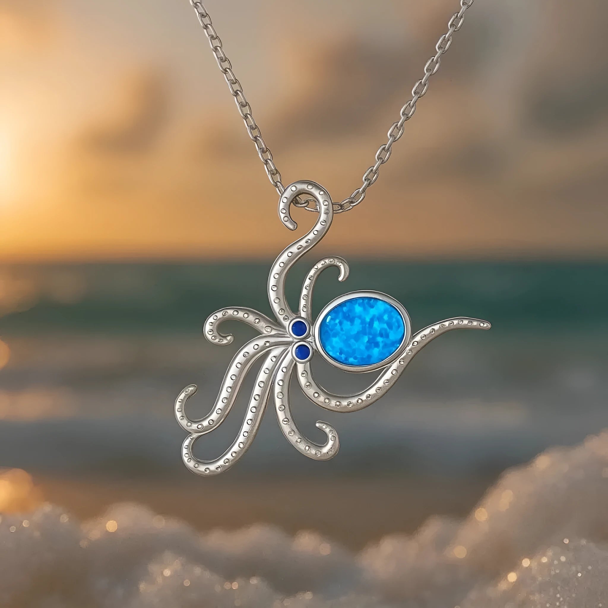 Silver geometric octopus pendant necklace with inlaid opal stone on a box chain.
