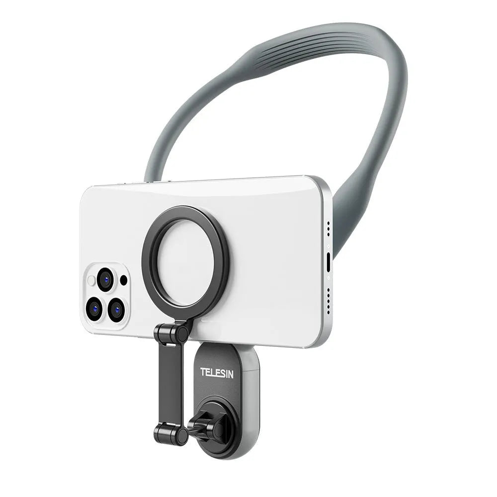 Silicone magnetic phone neck mount with aluminium strip and safety rope in grey or blue