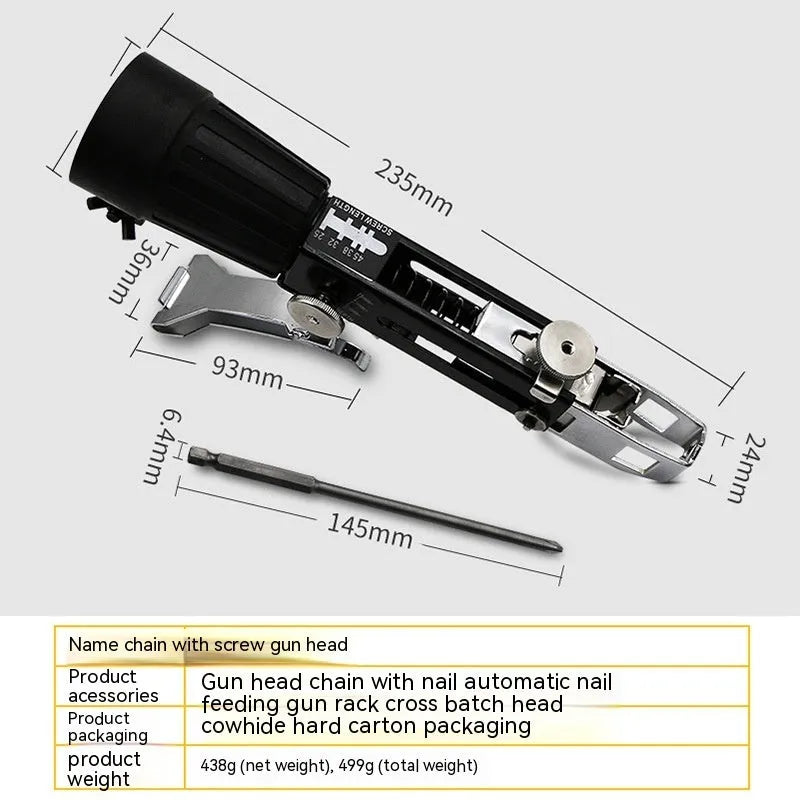 Chain screw gun head automatic nail gun attachment with chain band and cross head on a gun rack.
