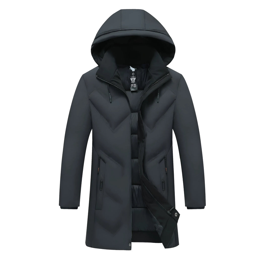 Thickened mid-length cotton-polyester men's jacket, loose fit, zipper pockets, black or gray