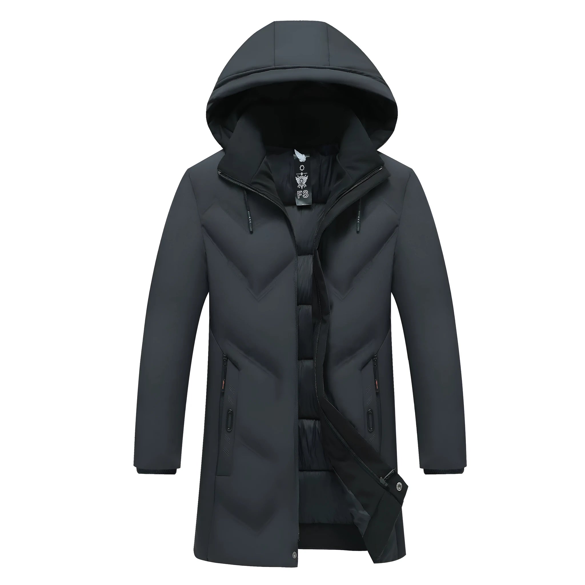 Thickened mid-length cotton-polyester men's jacket, loose fit, zipper pockets, black or gray