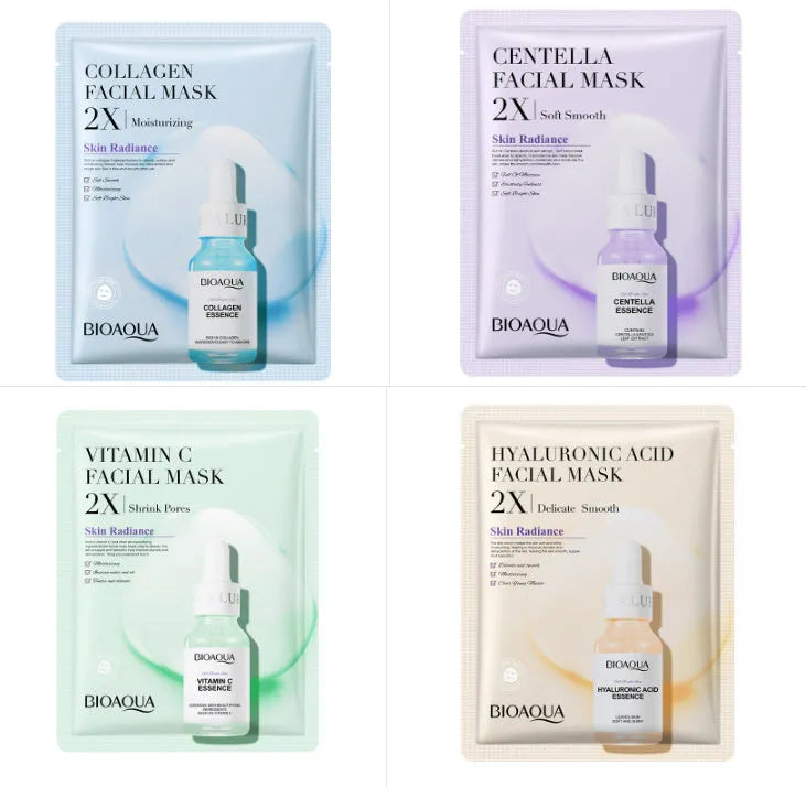 Collagen face sheet mask with 30g gel formula showing hyaluronic acid and Centella Asiatica variants