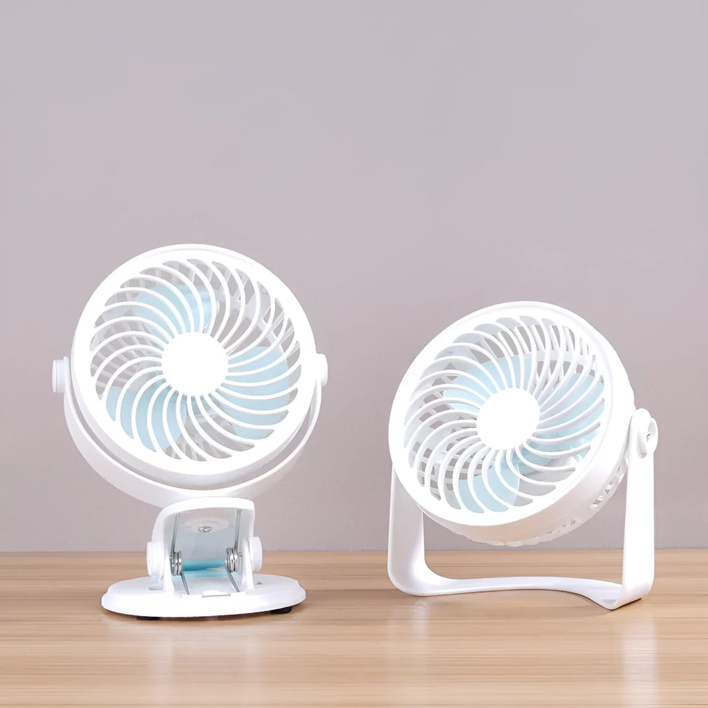 USB quiet desk fan with brushless motor, available as clip-on or floor-standing style