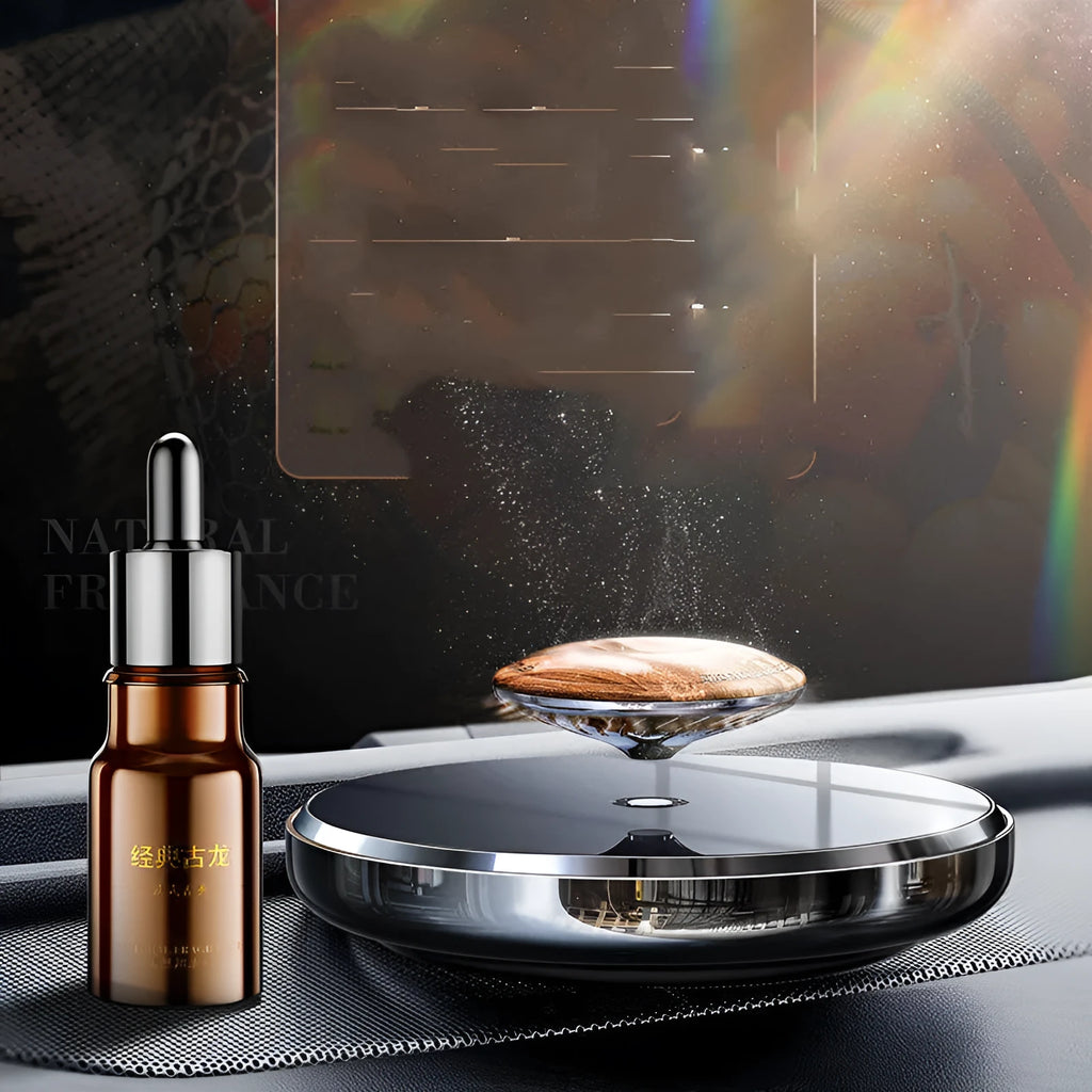 Maglev solar car aromatherapy holder on dashboard with beech wood platform and fragrance oil options