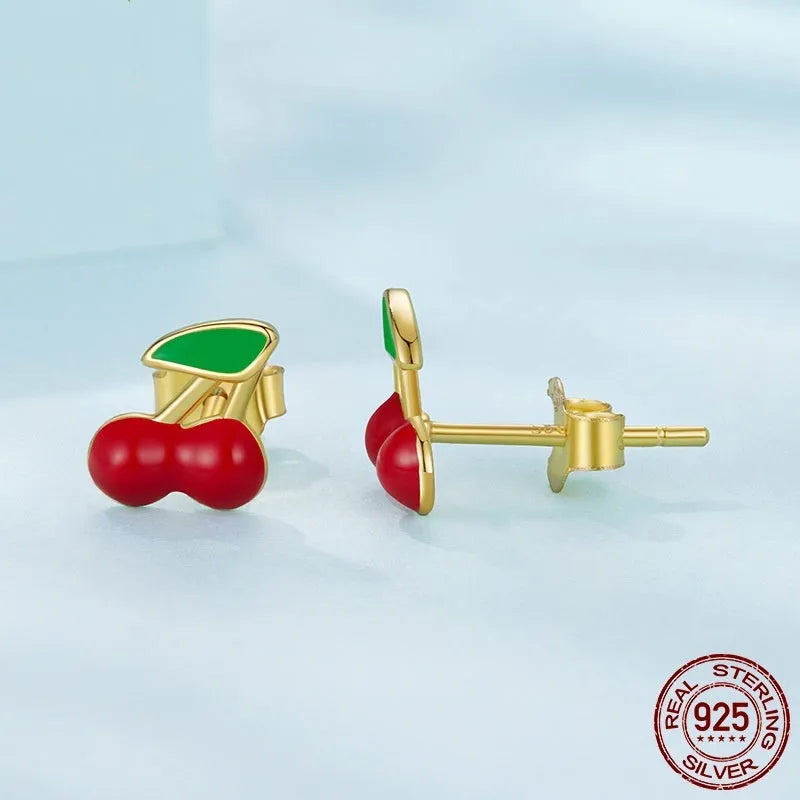Pair of red cherry shape 925 silver stud earrings with glossy drip oil finish