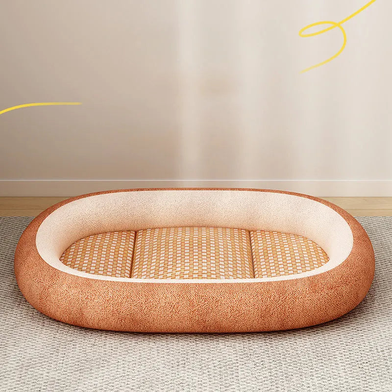 Removable washable pet nest dog bed in light grey, showing detached cotton pad next to outer cushion.