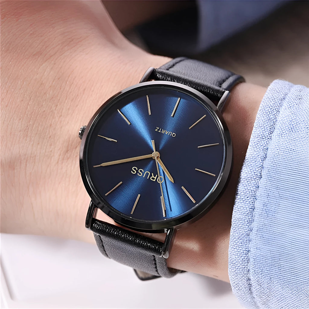 Men's ultra-thin quartz belt watch with alloy case, mineral glass mirror, black dial, and leather-style strap