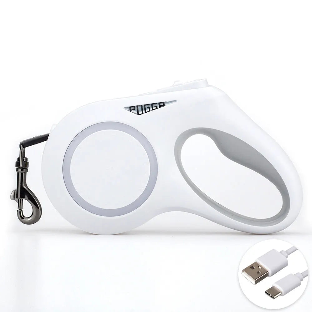 Ivory white automatic telescopic pet lead with lights and Type-C charging cable