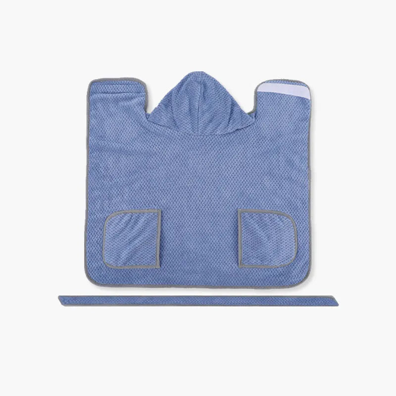 Blue microfiber dog bath robe towel wrapped around dog with adjustable waistband visible