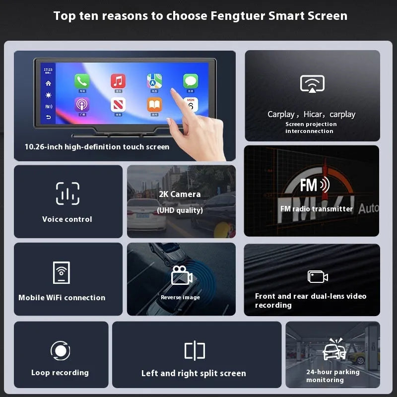 10-inch car touchscreen displaying Apple CarPlay maps with a small picture-in-picture view from the rear camera.